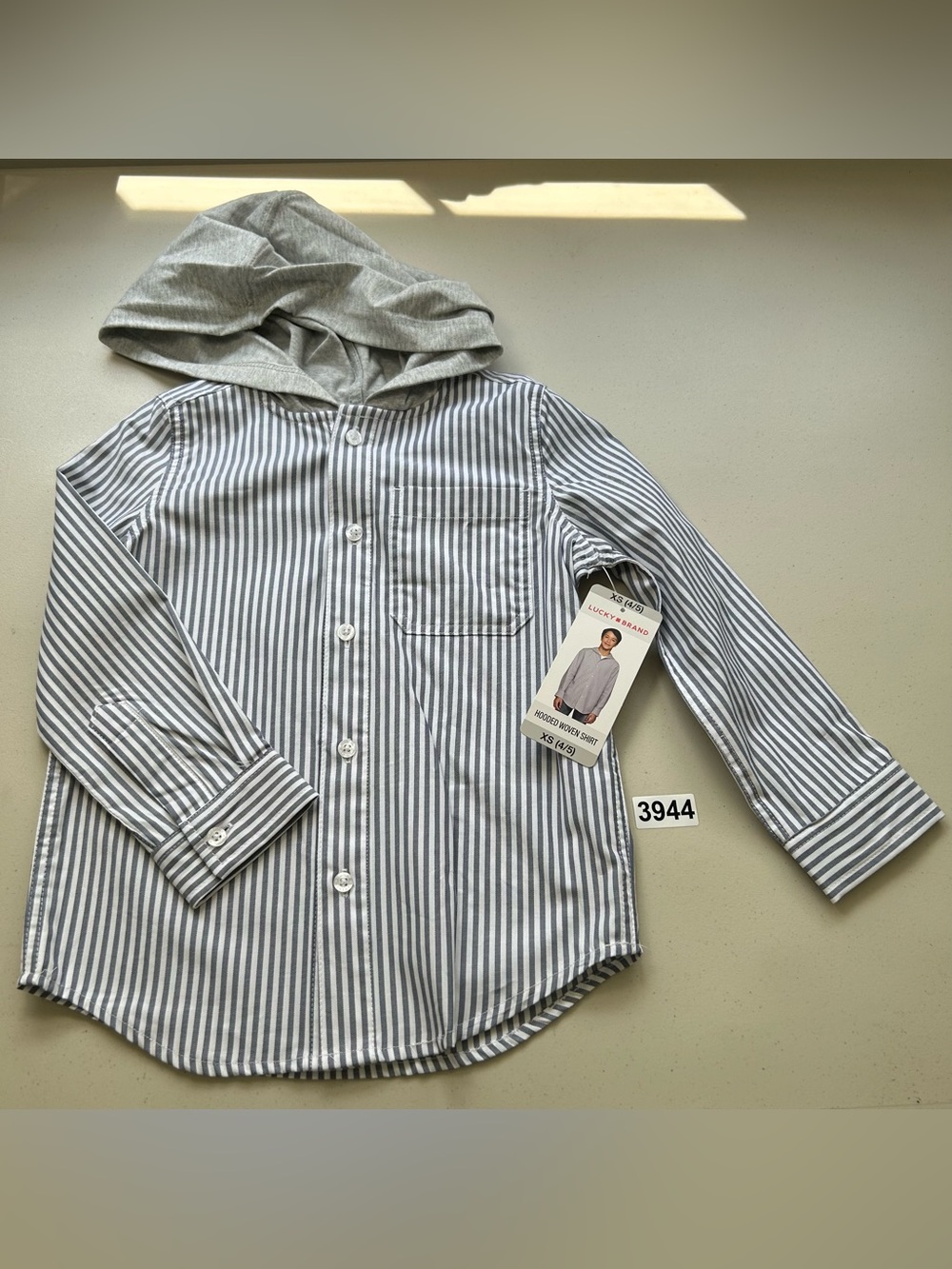 Lucky Brand Boys Hooded Woven Button Shirt Size XS 4/5 Grey White Striped New